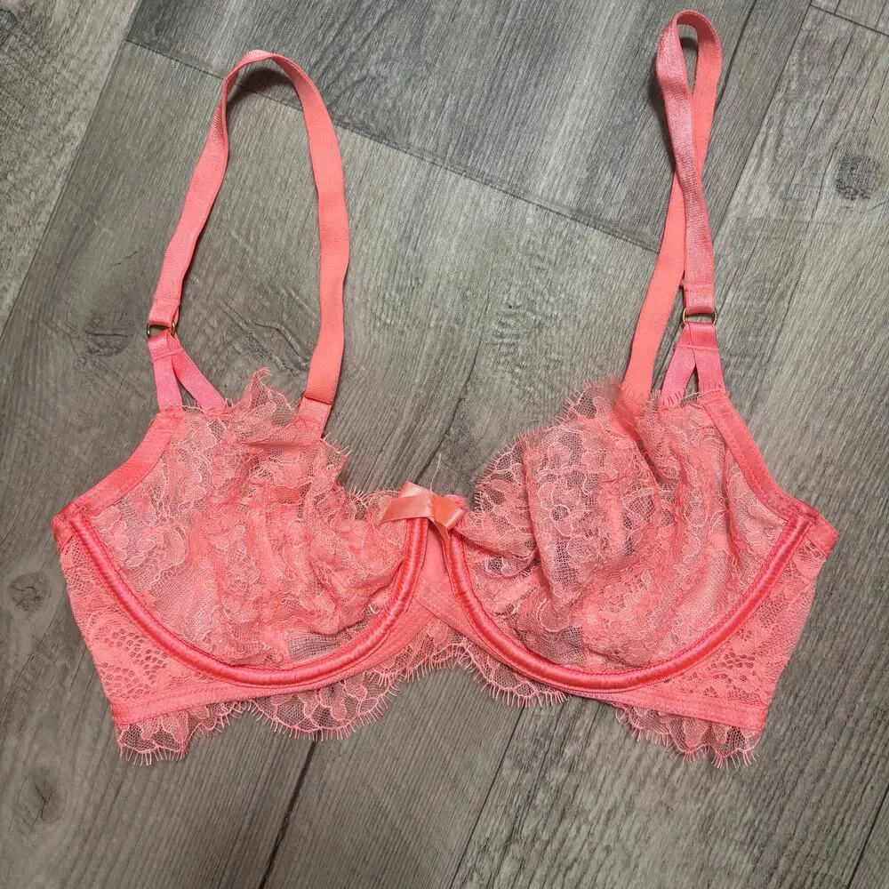 NWT Victoria's Secret VERY SEXY CHANTILLY LACE UNLINED NEON ORANGE/PINK 34D